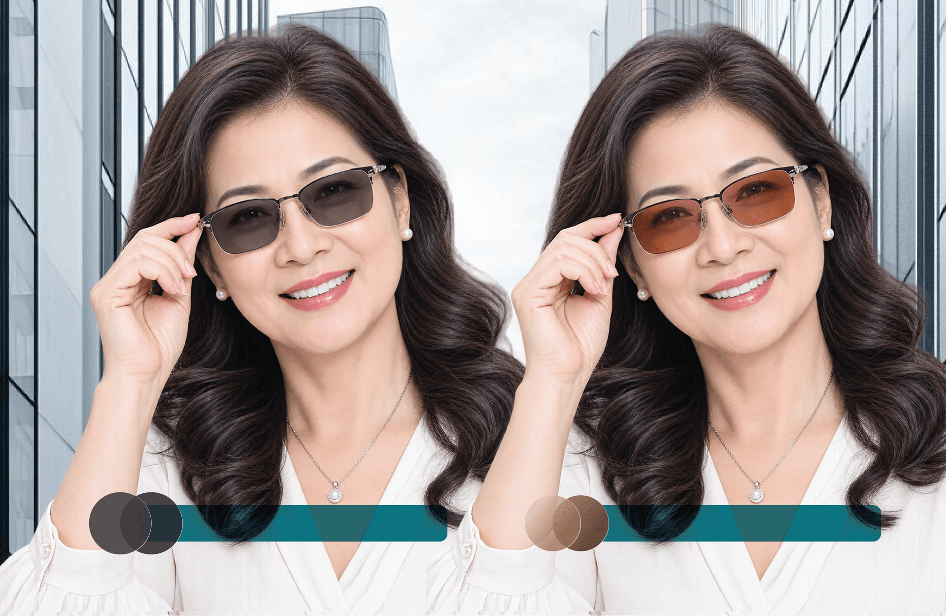 Woman wearing photo grey lenses on the left and photo brown lenses on the right