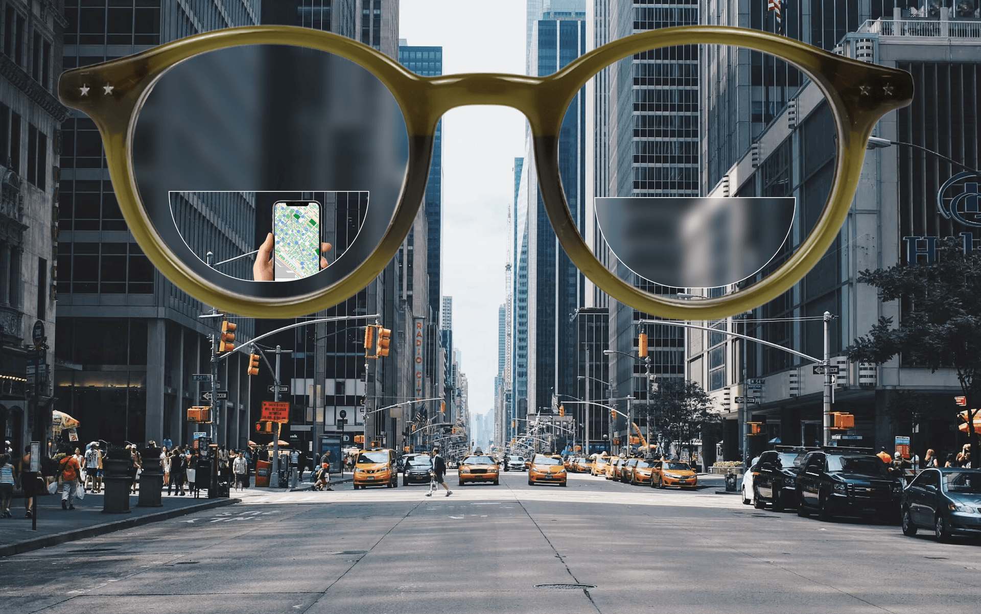 Bifocal glasses showing a clear reading segment on the left and a clear distance zone on the right