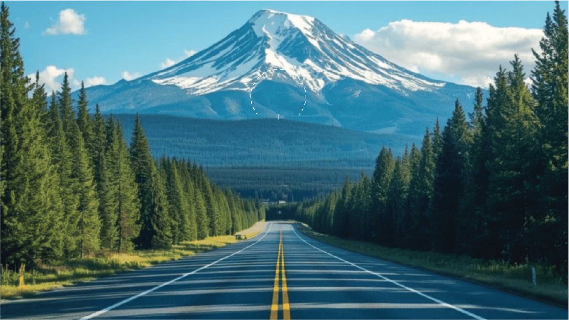 Mountain road viewed through a progressive lens with distance and reading zones