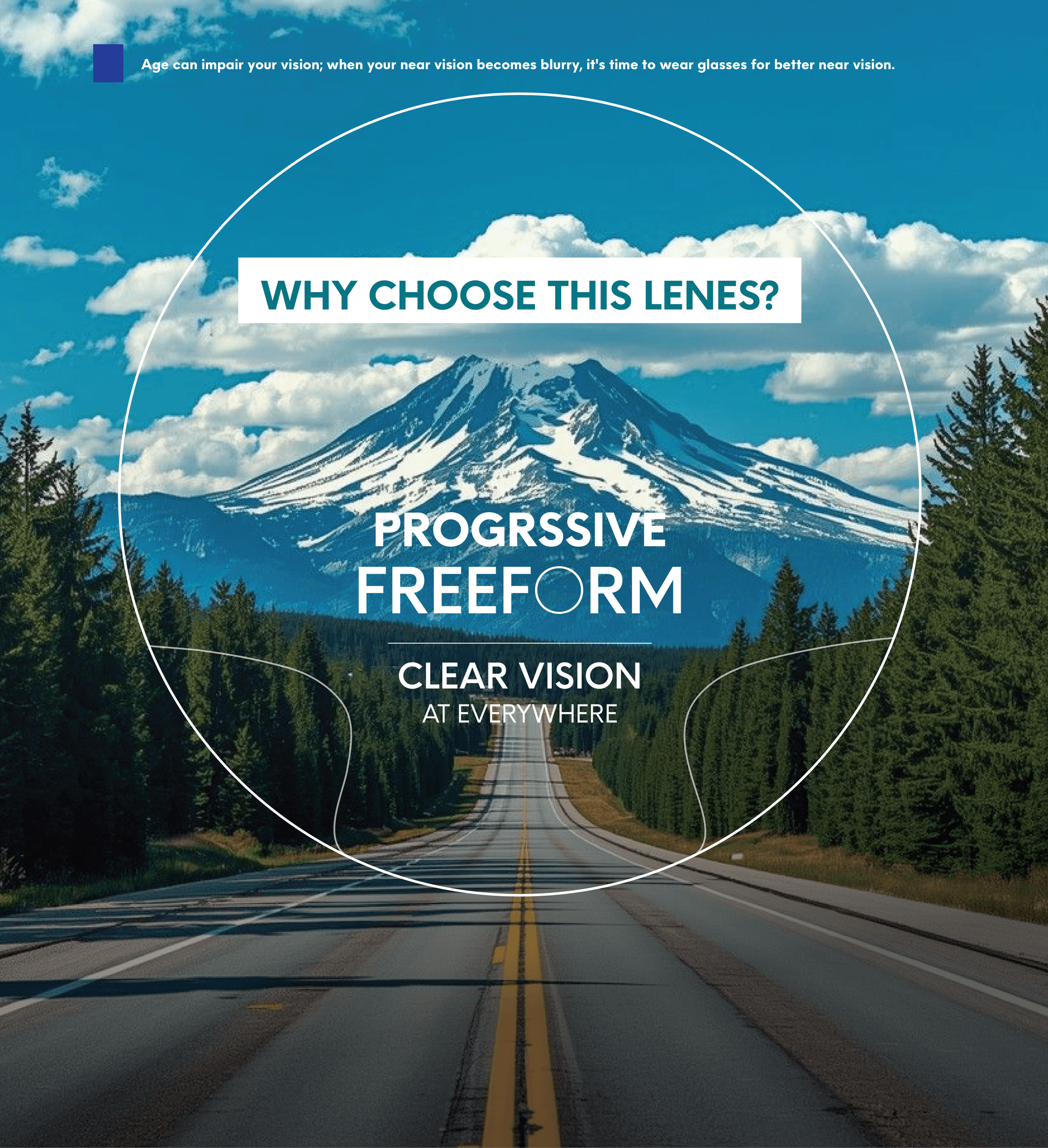 Mountain road viewed through a progressive freeform lens