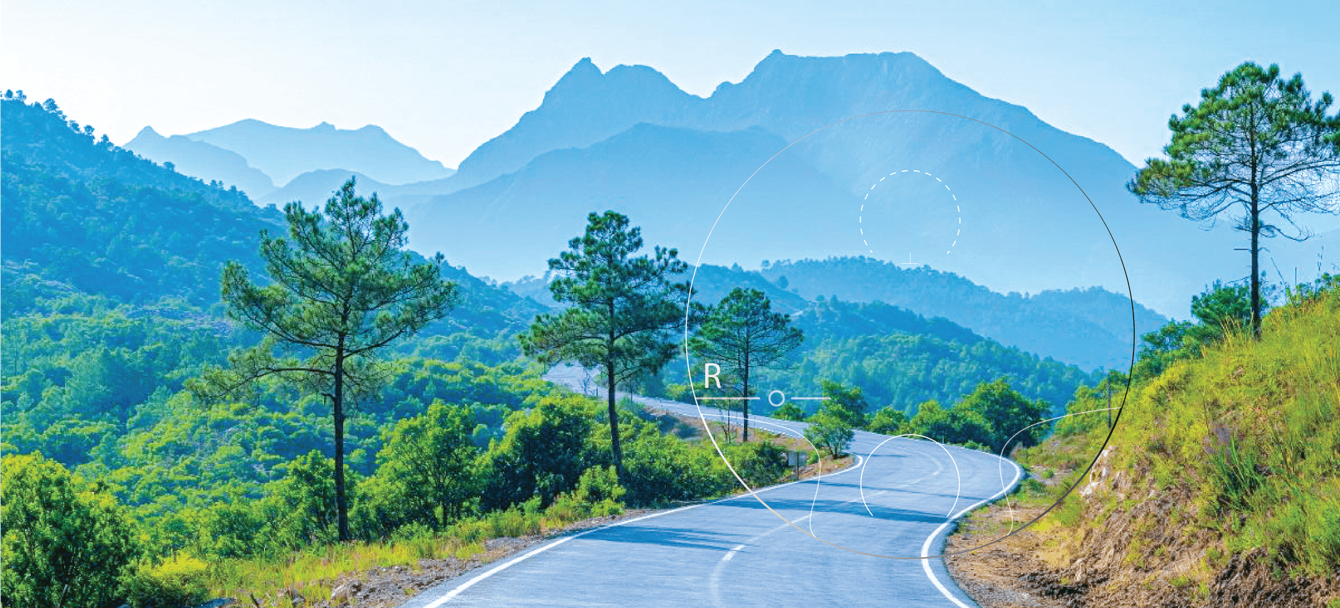 Mountain road viewed through a progressive lens