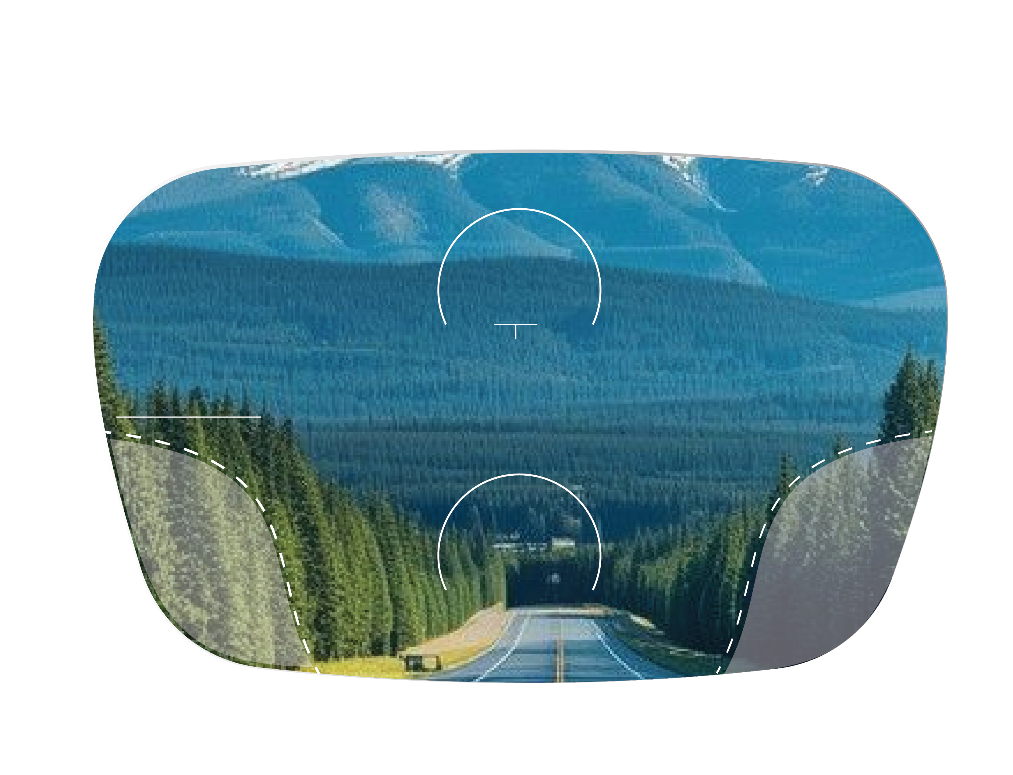 Progressive freeform lens with far and near vision zones over a forest road